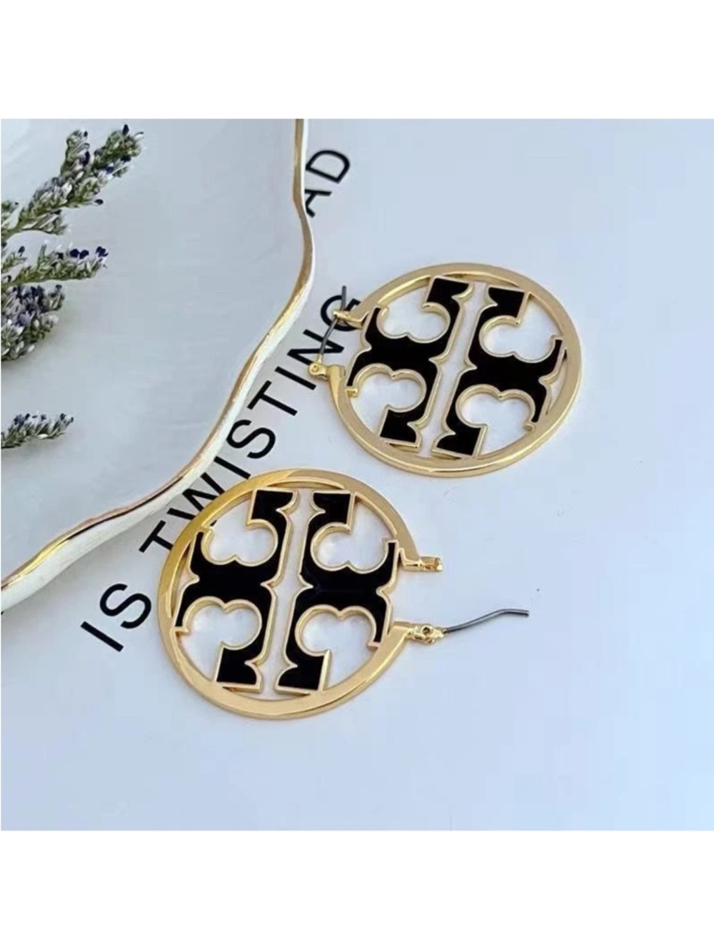Tory Burch Gold and Black Round Logo Drop Earrings